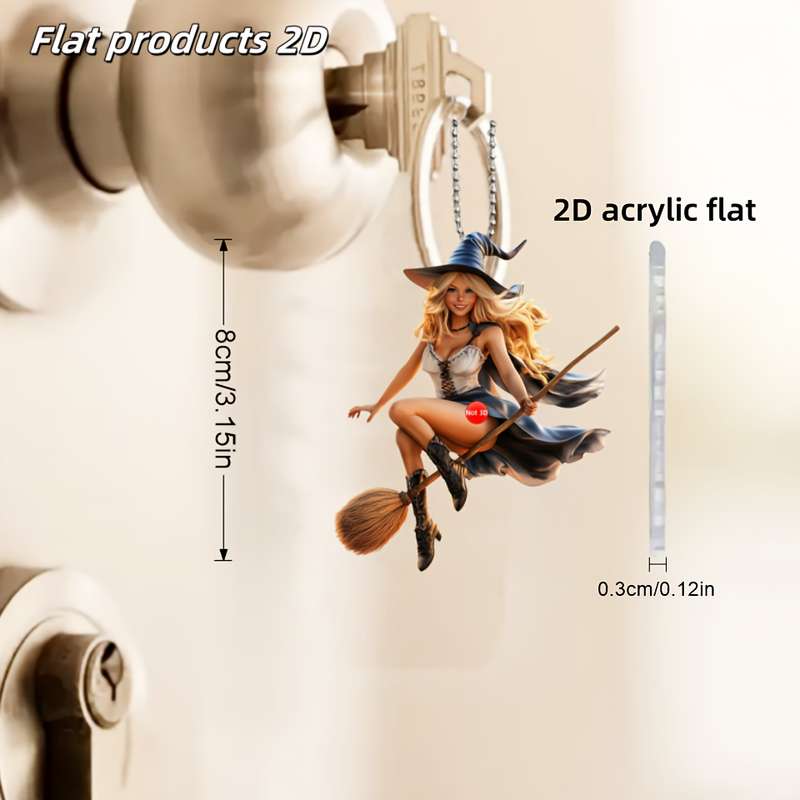 1pc 2D Flat  Princess with Blonde Hair Wearing Witch Hat and Cloak Riding Broom Flying Pendant Made