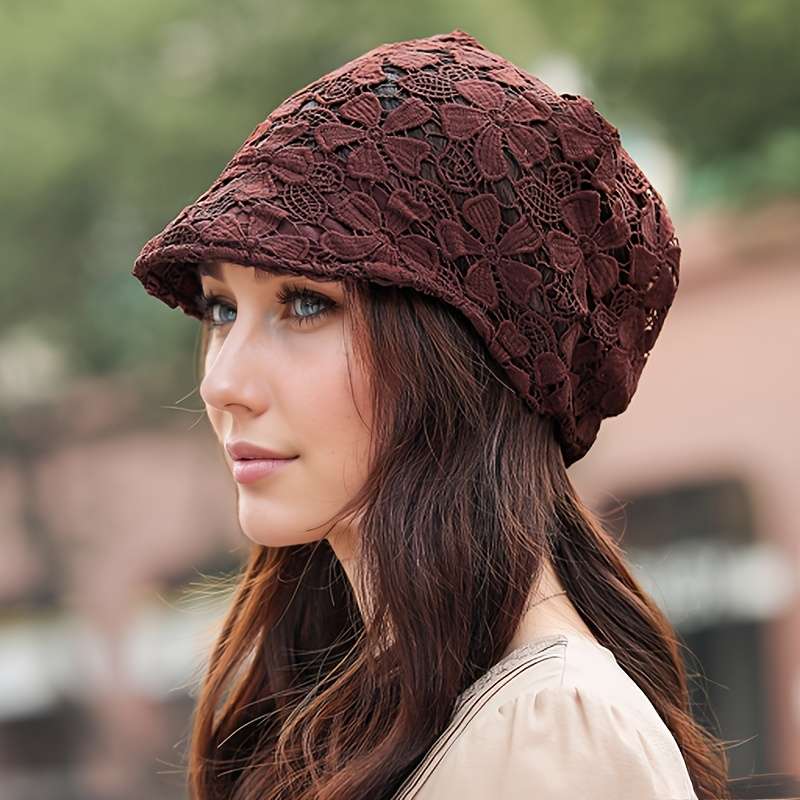 1pc Women's Lightweight Lace Beanie Soft Brimmed Hat with Intricate Floral Patterns Perfect for