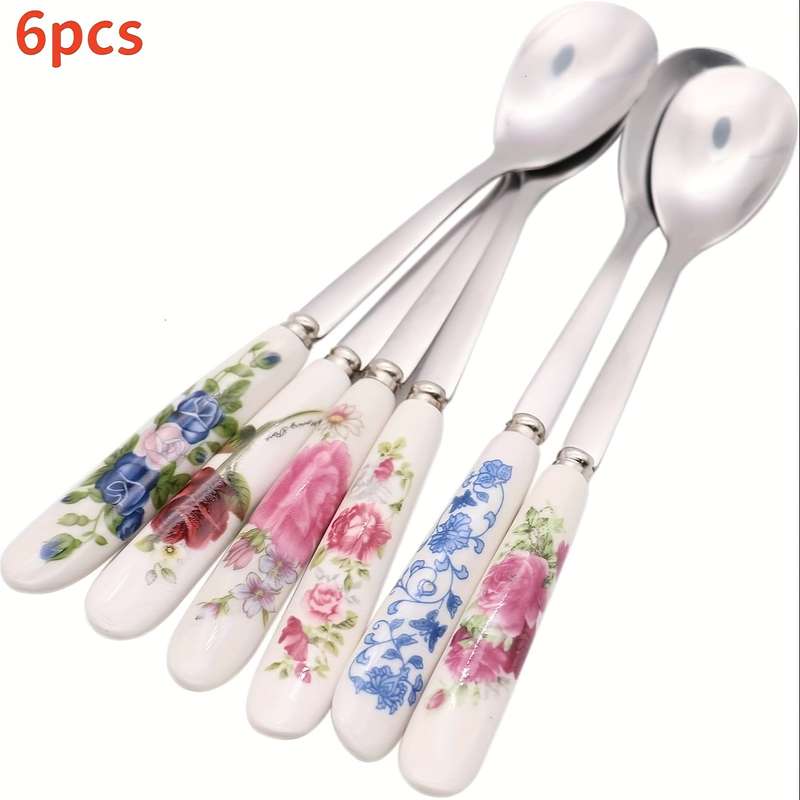 6pcs Set of Elegant Tableware Stainless Steel Coffee Spoon Dessert Spoon Ceramic Handle Sui