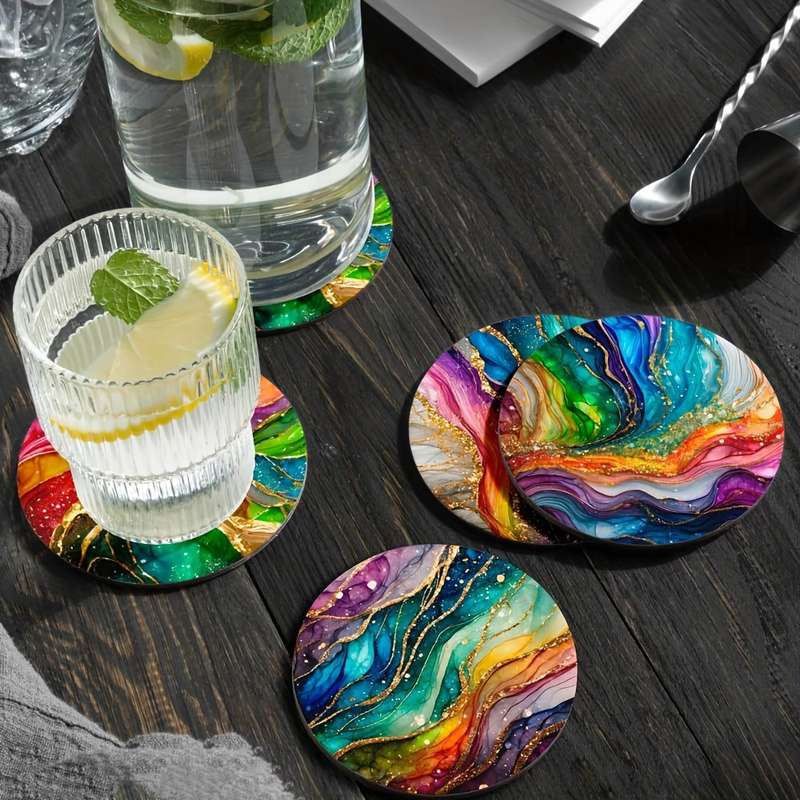 4pcs Rainbow Marble Pattern Wooden Trivet Placemats Heat Resistant Pot Holders Multipurpose