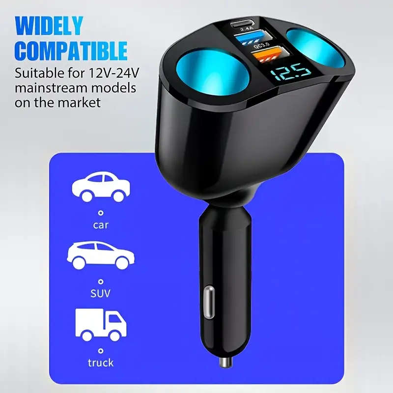 1pc One-Tow-Five Car Charger 2 Car Power Hole 2USB Port 1USB Type-C Port Fast Charging Universal 12/