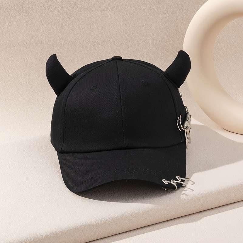 1pc Street Style Hip-Hop Baseball Cap with Unique Horn Accents Safety Pins Charms 100% Polyest