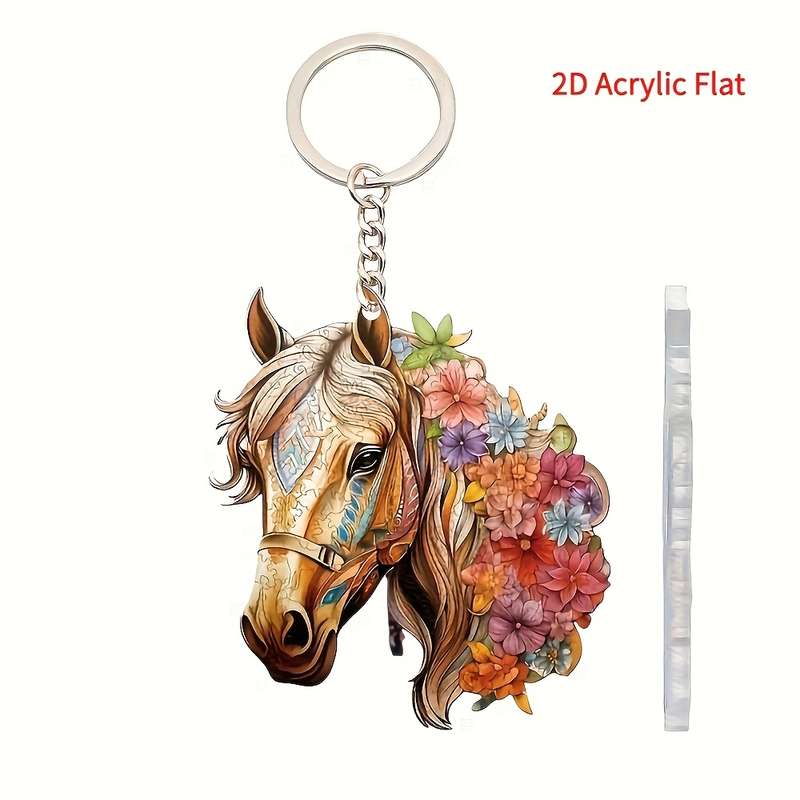1pc 2D Flat  Acrylic Horse Keychain with Vibrant Floral Design Durable Fashion Backpack Pendant Ch