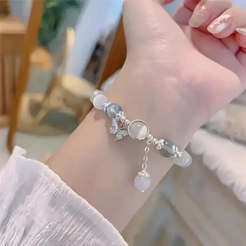 Gray Moonlight Bead Bracelet with Butterfly Pendant