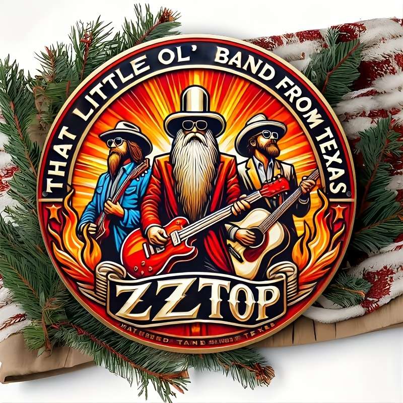1pc 2D Flat Round 20.32x20.32 cm Vintage ZZ Top Aluminum Round Sign es Fiery Texas Band Desig