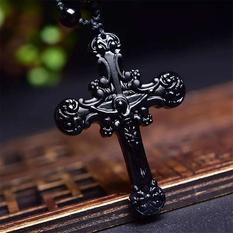 Unisex Obsidian Cross Pendant Necklace