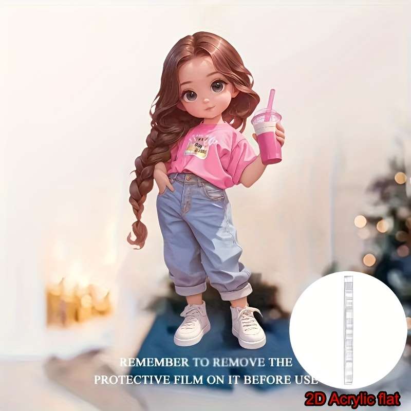1pc 2D Flat  Acrylic Pendant Long Braided Pink Girl with Drink Ideal for Car Rearview Mirror Wal