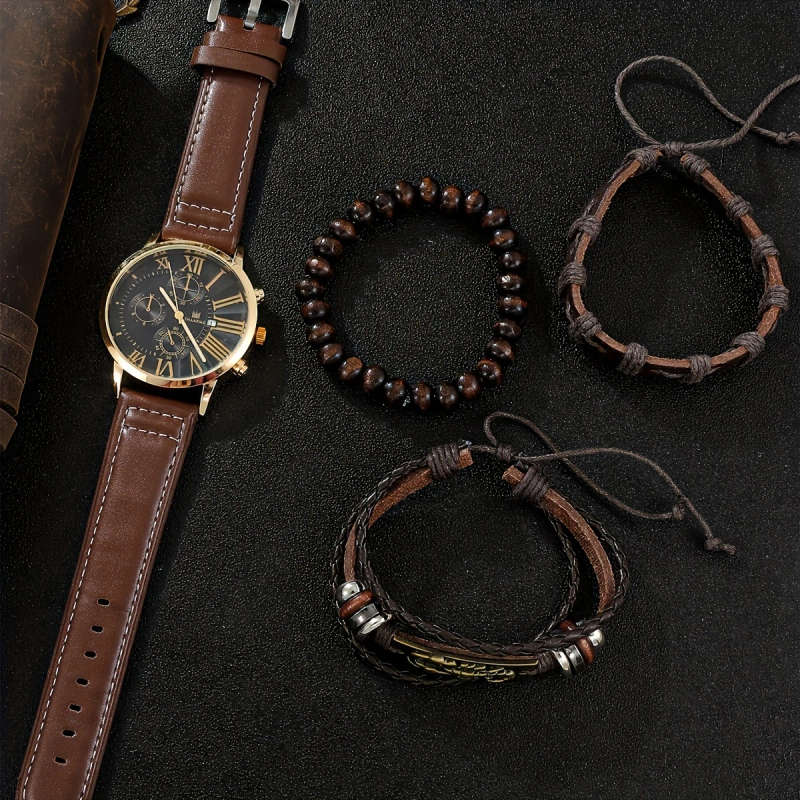 4pcs Men's Elegant Quartz Watch Bracelet Set Fashionable Brown with Golden Accent Calendar Feature