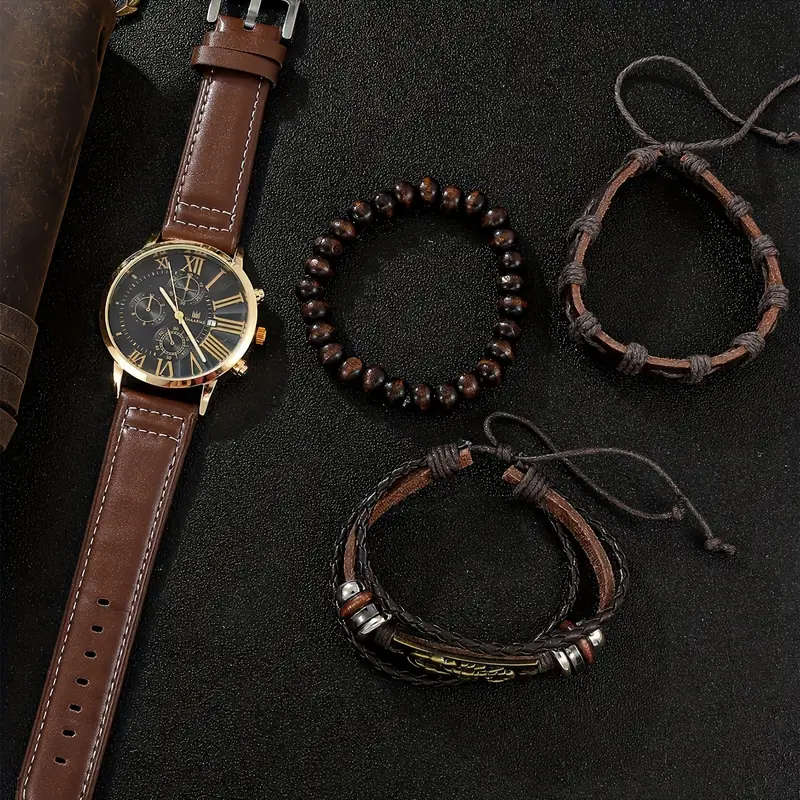 4pcs Men's Elegant Quartz Watch Bracelet Set Fashionable Brown with Golden Accents Calendar Feat