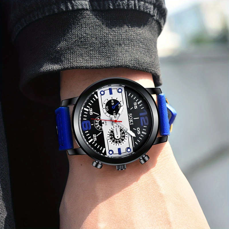 1pc Men Watch Casual Faux Leather Strap Number Date Quartz Wristwatch Fashion Men Watches