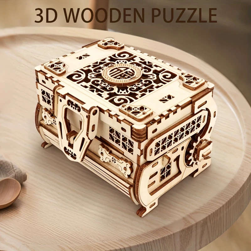 1pc DIY 3D Wooden Puzzle Jewelry Box Handcrafted Khaki Mechanical Treasure Chest with Intricate Desi