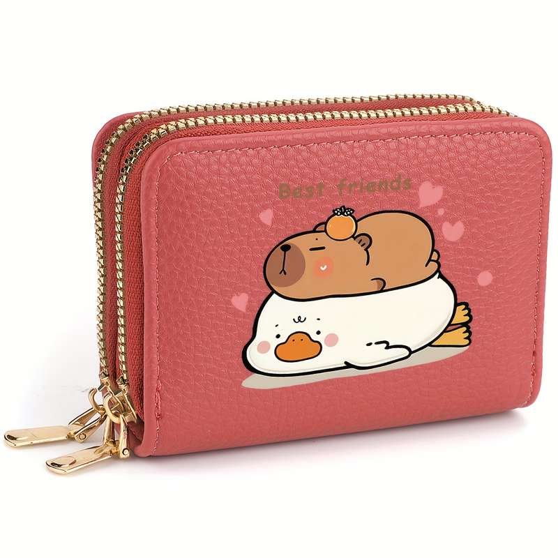1pc DEABOLAR Cute Capybara Double Zipper Wallet Pink Faux Leather Credit Card Holder with "Be