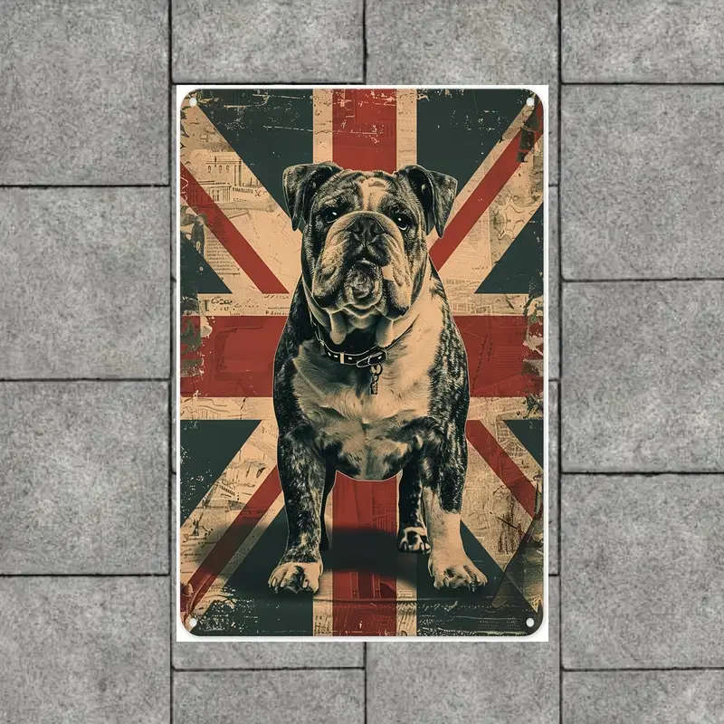 1pc British Bulldog Union Jack Metal Wall Art Vintage Style Tin Sign Weather-Resistant Indoor Outdoo