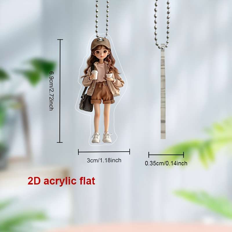 1pc 2D Flat   Acrylic Pendant Cute Girl Drinking Coffee Ornament for Car Rearview Mirror Bag C