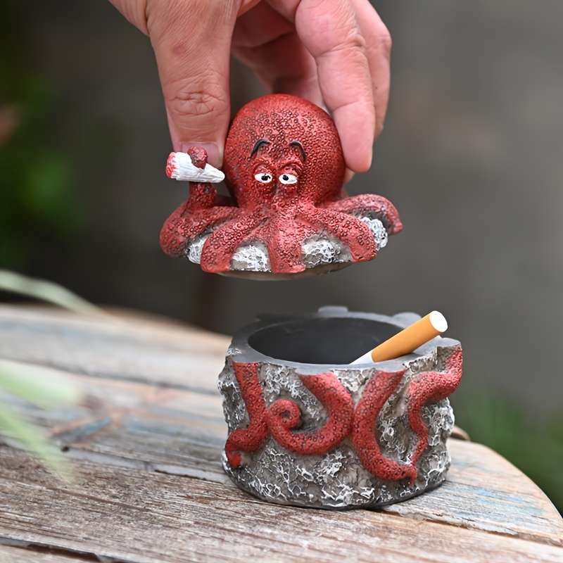 1pc Whimsical Octopus Statue with Lid Windproof Resin Ashtray for Indoor Outdoor Decor Perfect f