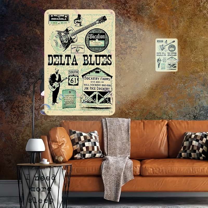 1pc Vintage Delta Blues Metal Tin Sign 30.48x20.32 cm Retro Wall Art with Guitar Player Music-T