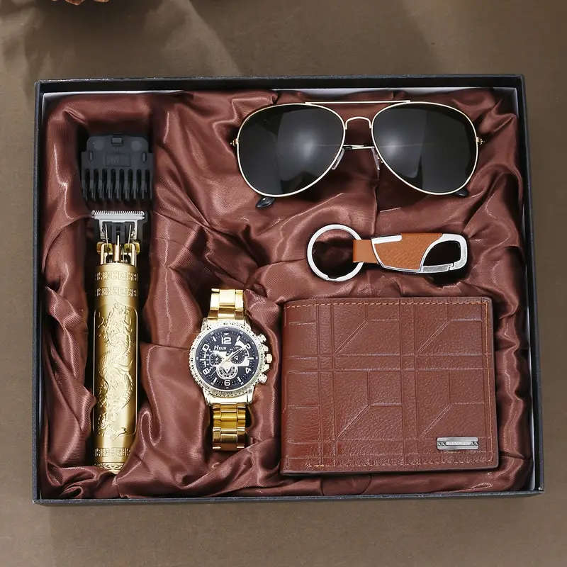 5pcs Men's Luxury Gift Set Golden-Tone Quartz Watch with Date Display Stylish Fashion Glasses Faux L