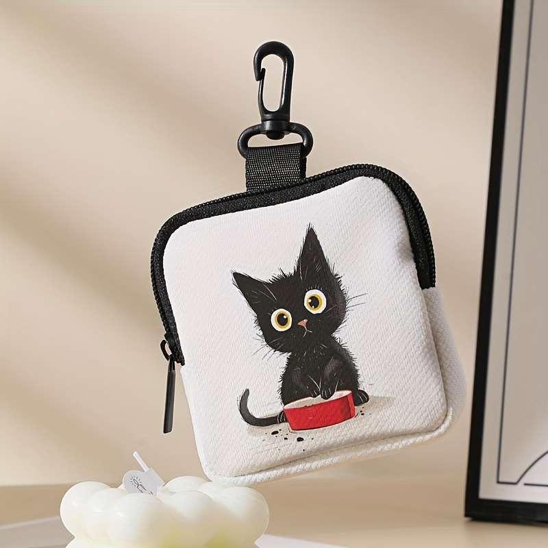1pc 1-Pack Polyester Coin Purse with Cute Waiting Cat Print Large Capacity Zippered Pouch for Head