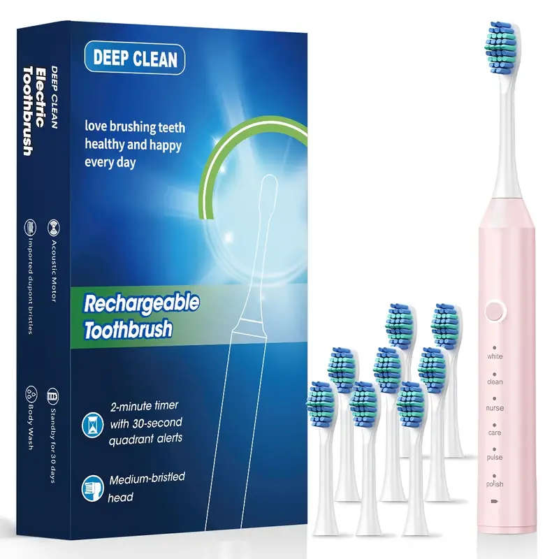 1set Automatic Rechargeable Electric Toothbrush for Adults 8 Brushes  6 Cleaning Modes 500mAh