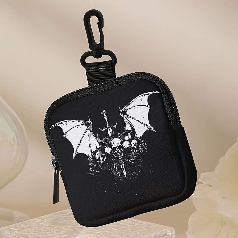 1pc Contemporary Skull and Bat Print Coin Wallet Large Capacity Polyester Zippered Coin Purse