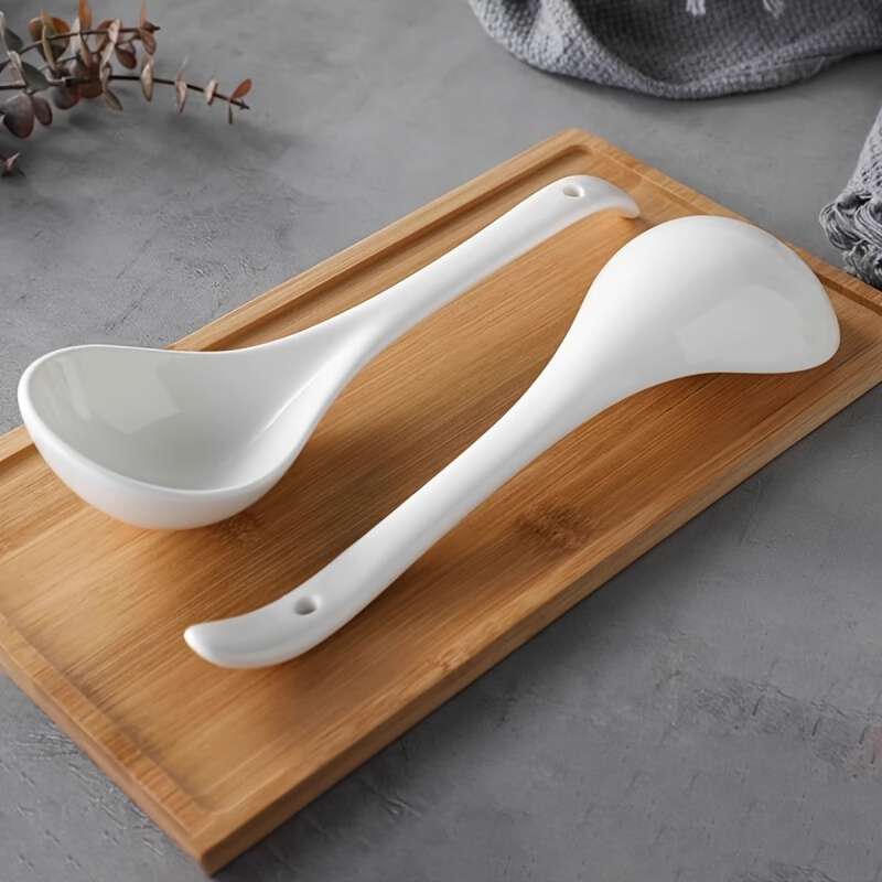 2pcs Ceramic Soup Spoons with Long Handle Large Capacity Ergonomic Design for Kitchen Dinin