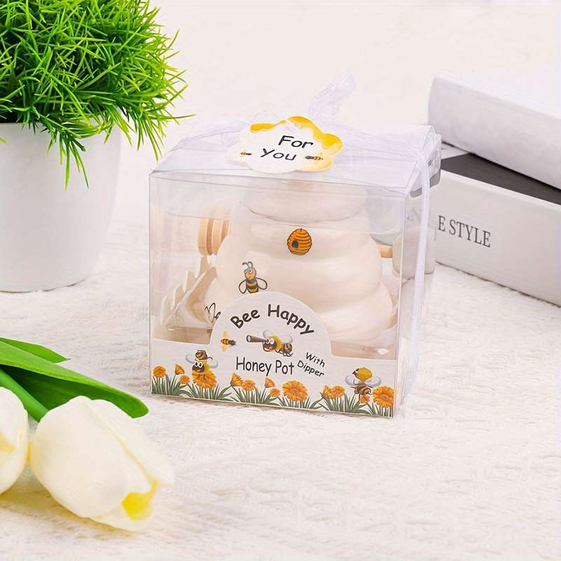 1pc Ceramic Bee Honey Pot with Handle Polished Metal Finish Square Pattern Creative Kitchen Spic