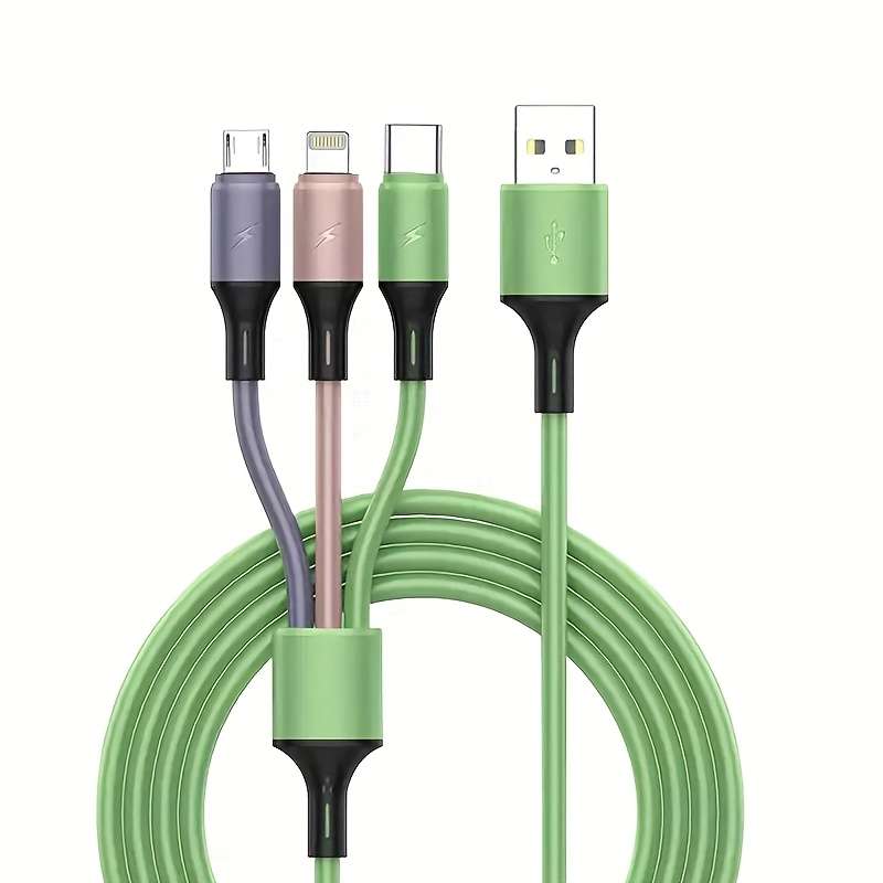 1pc 3-in-1 Macaron Charging Cable with Type-C Micro USB-C Silicone Matte Round Cable Male to