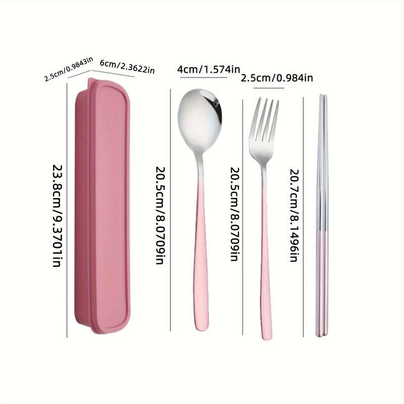 Set Of 4 Stainless Steel Portable Cutlery Including Fork Spoon And Chopsticks With A Reusab