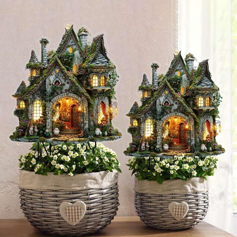 1pc 2D Flat   Enchanted Fairy Tale Cottage Garden Planter Rustic  Acrylic Outdoor Deco