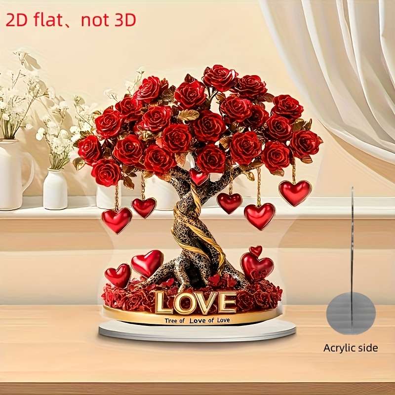 1pc 2D Flat   Bohemian Style Acrylic Heart Rose Tree Decor "Tree of Love" Golden Base with Re
