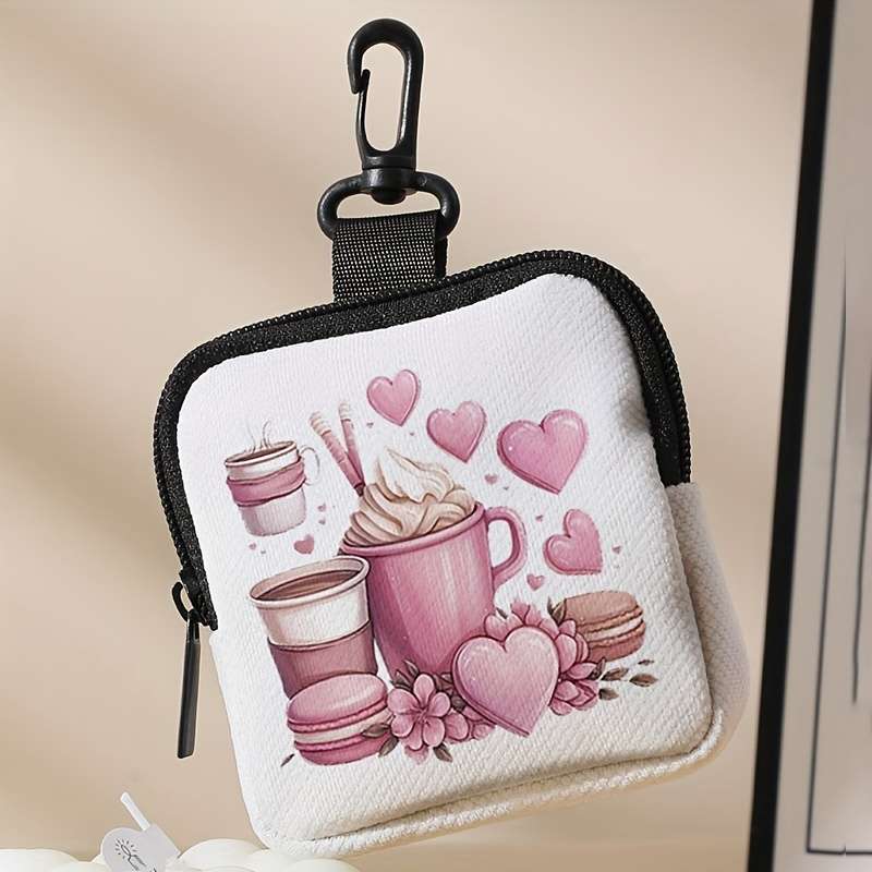 1pc Charming Pink Coffee Heart Pattern Mini Wallet Portable Organizer for Keys Cards Small I