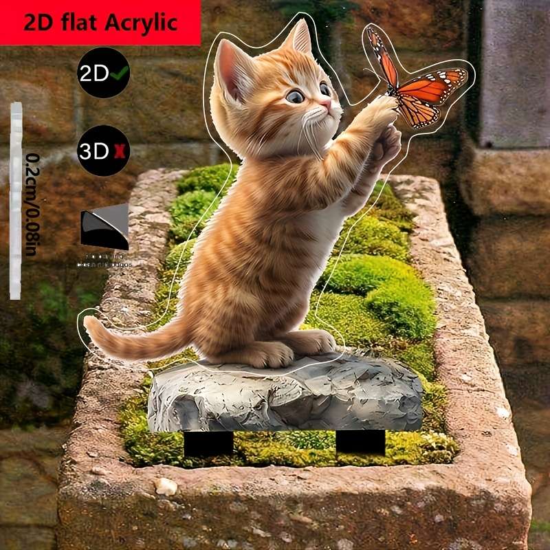 1pc 2D Flat  One Piece WhimsyGarden Acrylic Kitten and Butterfly Garden Stake Plug Waterproof