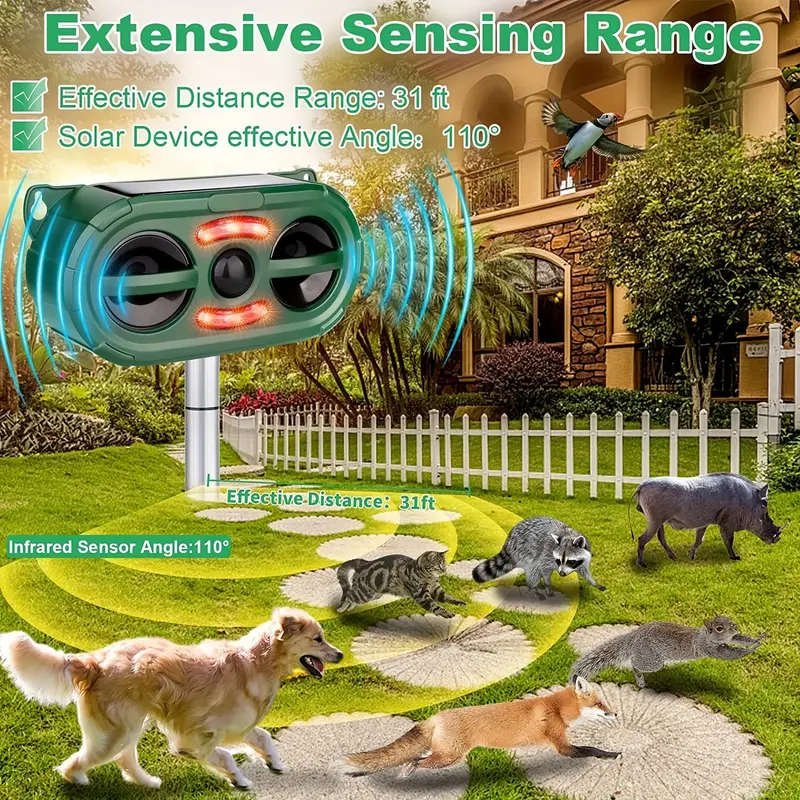 1pc Solar-Powered Ultrasonic Pest Repeller with LED Flashing Light Outdoor Bird Deterrent for Garden