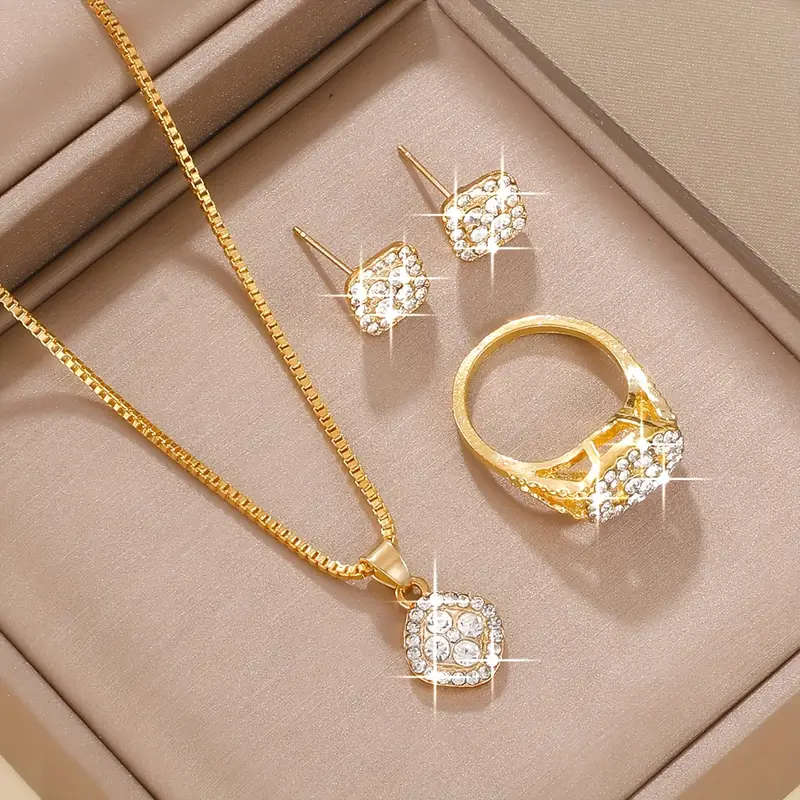 1 Necklace + 1 Pair Of Earrings + 1 Ring with  Rhinestone Jewelry Set