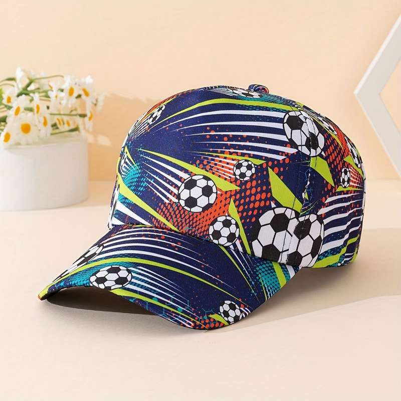 1pc Youth Soccer-Themed Navy Blue Baseball Cap Vibrant Soccer Ball Football Design Breatha