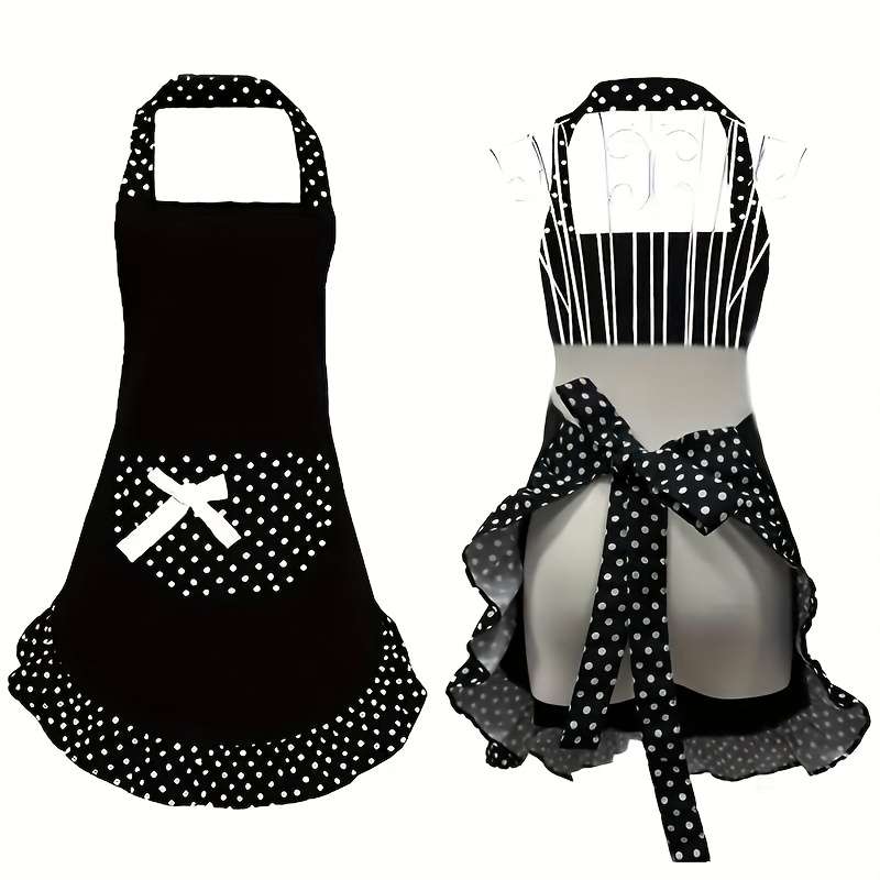 1pc Retro Polka Dot Apron with Ruffle Hem Large Pockets Black and White Vintage Kitchen Ba