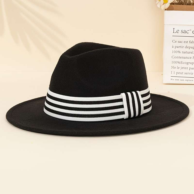 1pc Retro Fashion Jazz Fedora Hat with Striped Woven Band 100% Polyester Lightweight Imitation