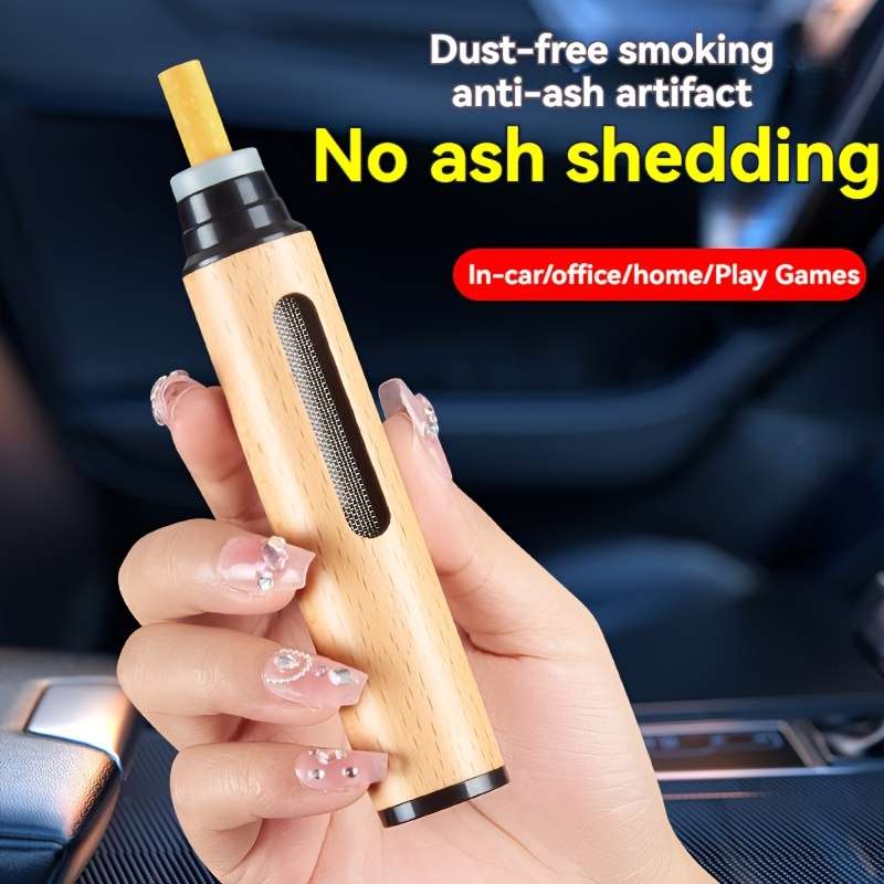 1pc Wooden Mini Car Ashtray Portable Round Metal Dust-Proof Container with Lid for Vehicle Us