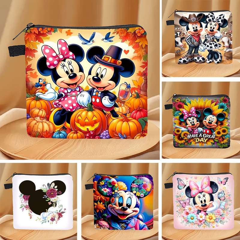 1pc Disney Mickey Minnie Mouse Coin Purse Festive Fall-Themed Design with Pumpkins Apples Au