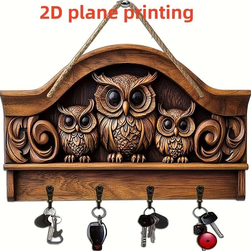 A 2D Printed Piece Featuring Three Owls a Simple And Colorful Wooden Key Hook with Four Metal Hooks