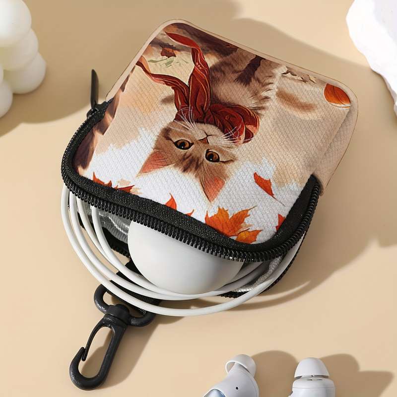 1pc Chic Maple Leaf Kitten Print Coin Purse Spacious Zippered Wallet with Key Holder Ideal Gif