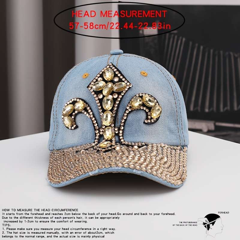 1pc Luxury Rhinestone Embellished Denim Baseball Cap Unisex Adjustable Fit with Sun Protection