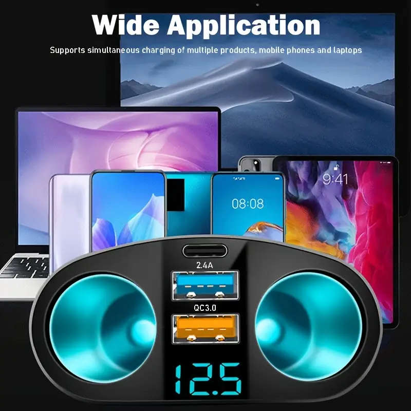 1pc One-Tow-Five Car Charger 2 Car Power Hole 2USB Port 1USB Type-C Port Fast Charging Universal 12/