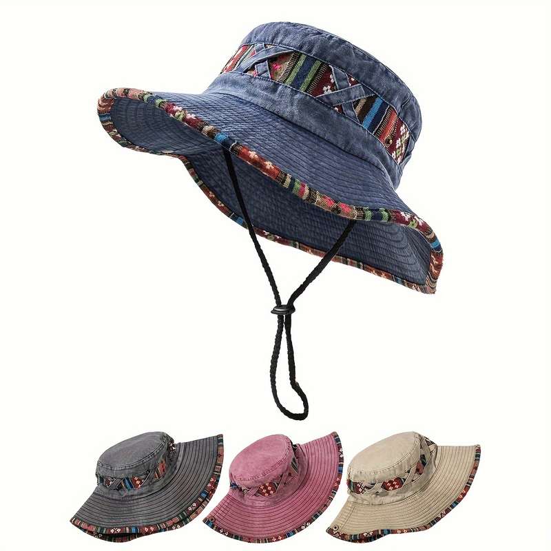 1pc Women's Denim Hiking Hat Vintage Style Outdoor Mountaineering Cap with Adjustable Drawstring