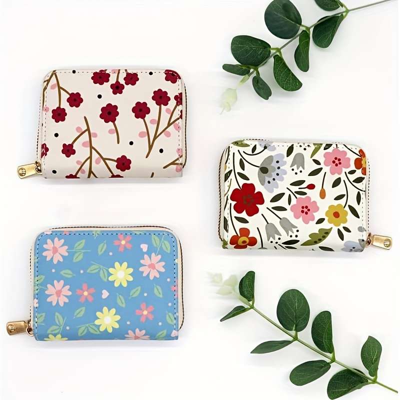 1pc Floral Credit Card Holder for Women Girls C Cute Plum Red Accordion Wallet with Zipper C