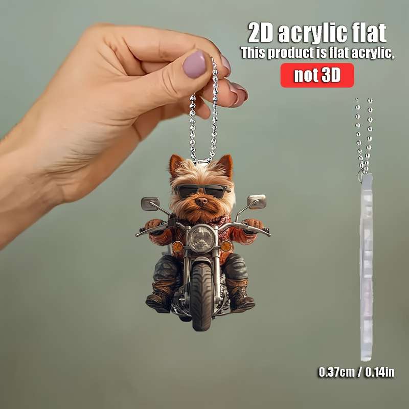 1pc 2D Flat   Yorkshire Terrier Riding Motorcycle  Acrylic Hanging Ornament Flat Design with