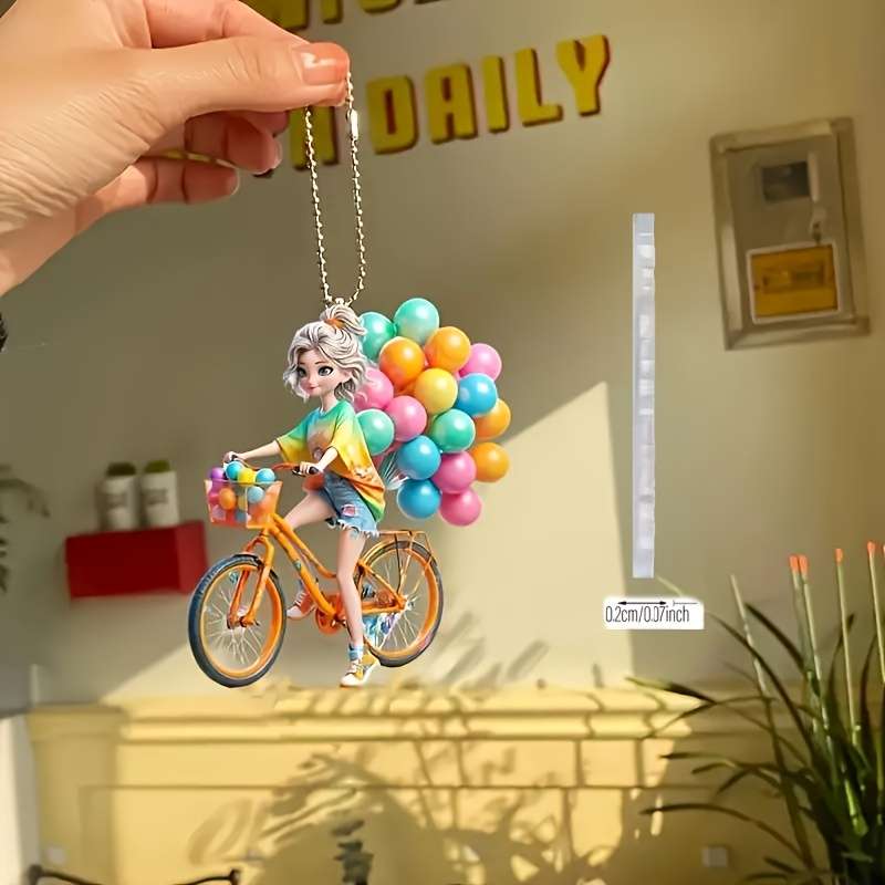1pc 2D Flat   Cute Girl Riding Bicycle with Colorful Balloons Acrylic Hanging Ornament Vibrant