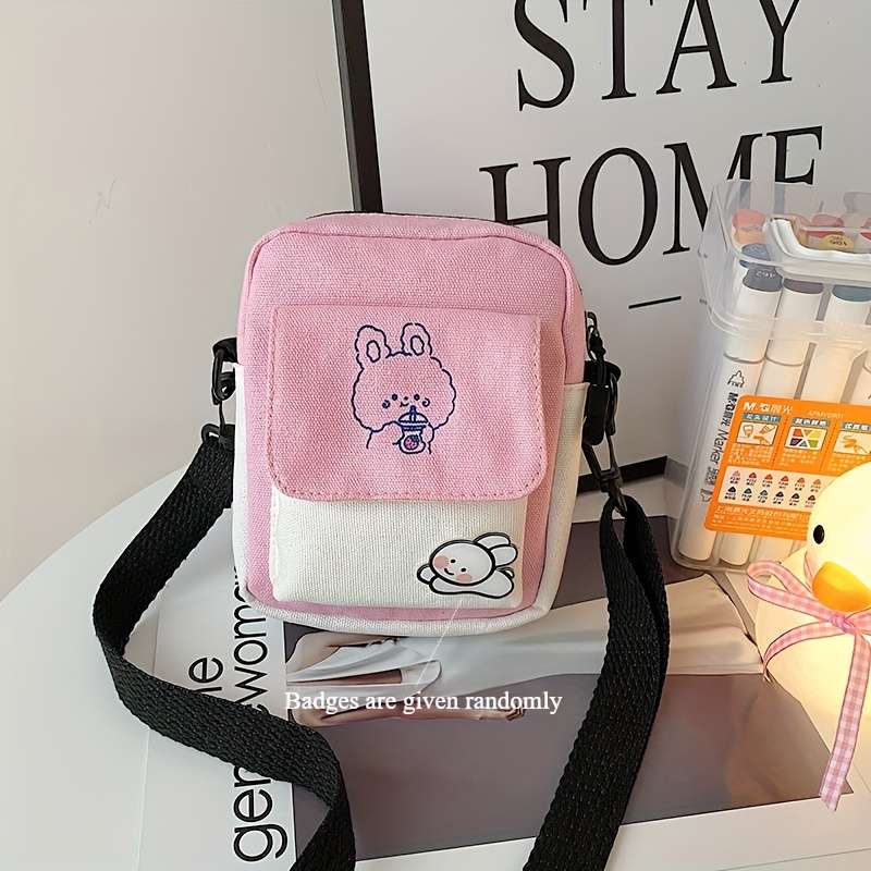 1pc Cute Bunny Canvas Crossbody Bag for Girls Simple Shoulder Messenger with Color-Block Desi
