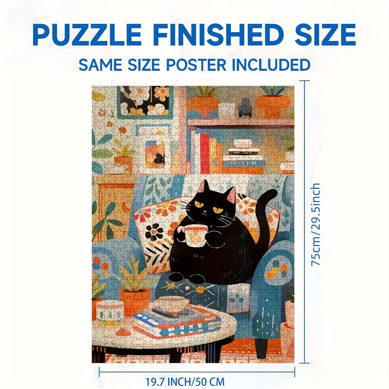 1000pcs Jigsaw Puzzle for Adults Families Black Cat Enjoying Coffee Design Woode