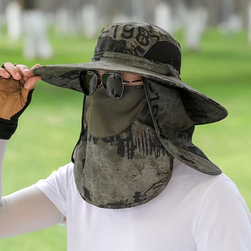 1pc A Men'S Ink Print Full-Face Breathable Sun Hat with Neck Coverage a Removable Bucket Hat Suita